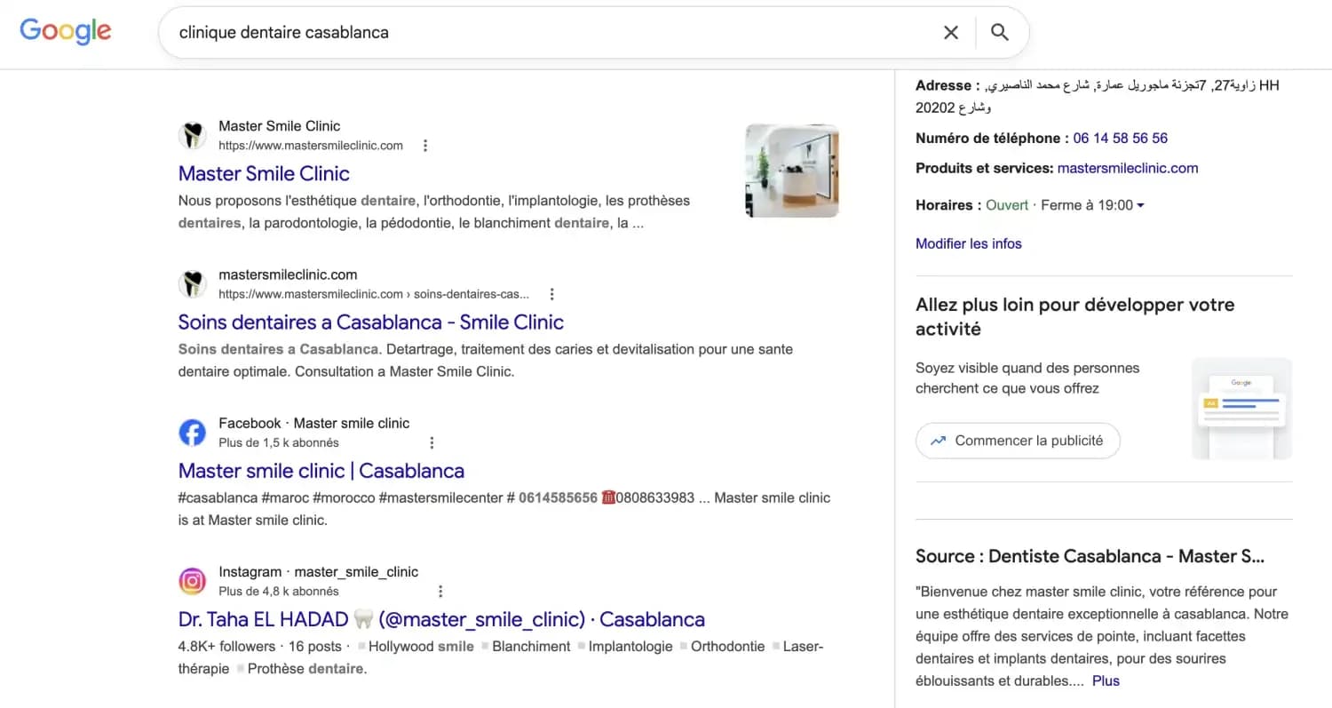 Première page Google sur les recherches des patients à Casablanca.